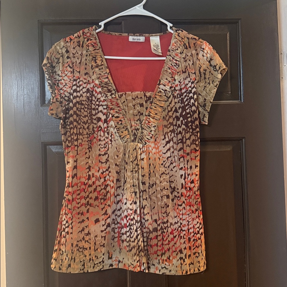liz & co. Brown and Orange Patterned V-Neck Blouse